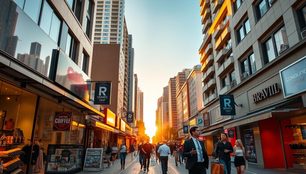 A bustling street scene along Avenida Brasil during the golden hour, showcasing a variety of retail shops featuring colorful storefronts. In the foreground, display windows are filled with enticing merchandise, while a couple of individuals in professional business attire are engaged in conversation nearby, conveying the vibrant commercial atmosphere. The middle ground reveals a mix of pedestrians, some carrying shopping bags, suggesting a lively shopping experience, with a coffee shop and a local boutique clearly visible. In the background, high-rise buildings define the skyline, illuminated by warm sunset light, casting soft shadows on the street. The overall mood is optimistic and dynamic, reflecting the enduring spirit of street commerce. The image captures the essence of local business vibrancy, emphasizing community and interaction in a modern urban setting. A bustling street scene along Avenida Brasil during the golden hour, showcasing a variety of retail shops featuring colorful storefronts. In the foreground, display windows are filled with enticing merchandise, while a couple of individuals in professional business attire are engaged in conversation nearby, conveying the vibrant commercial atmosphere. The middle ground reveals a mix of pedestrians, some carrying shopping bags, suggesting a lively shopping experience, with a coffee shop and a local boutique clearly visible. In the background, high-rise buildings define the skyline, illuminated by warm sunset light, casting soft shadows on the street. The overall mood is optimistic and dynamic, reflecting the enduring spirit of street commerce. The image captures the essence of local business vibrancy, emphasizing community and interaction in a modern urban setting.