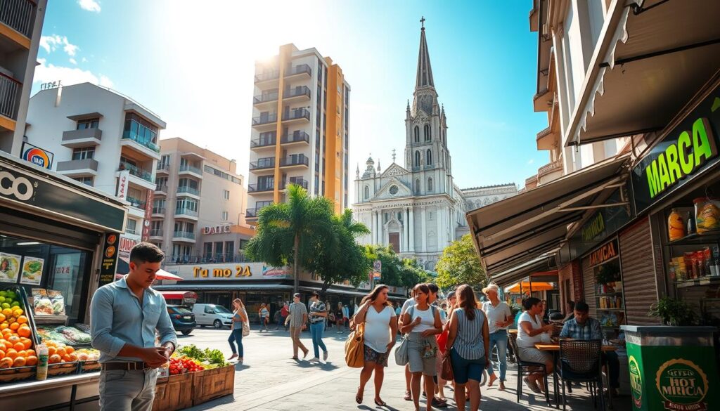 A bustling street scene in Maringá, Brazil, showcasing vibrant local markets and modern residential buildings that represent the cost of living. In the foreground, a young professional dressed in casual yet neat clothing checks prices in a grocery store, examining produce. In the middle ground, families with children enjoy an outdoor café, emphasizing community life, with colorful signage and fresh food displays. The background features iconic Maringá architecture, including the towering Cathedral of Maringá, under a bright blue sky with soft, natural sunlight illuminating the scene. The atmosphere is lively and inviting, capturing the essence of daily life and the economic landscape of the city. Aim for a slightly elevated angle to provide depth and context to the cost of living in Maringá. A bustling street scene in Maringá, Brazil, showcasing vibrant local markets and modern residential buildings that represent the cost of living. In the foreground, a young professional dressed in casual yet neat clothing checks prices in a grocery store, examining produce. In the middle ground, families with children enjoy an outdoor café, emphasizing community life, with colorful signage and fresh food displays. The background features iconic Maringá architecture, including the towering Cathedral of Maringá, under a bright blue sky with soft, natural sunlight illuminating the scene. The atmosphere is lively and inviting, capturing the essence of daily life and the economic landscape of the city. Aim for a slightly elevated angle to provide depth and context to the cost of living in Maringá.