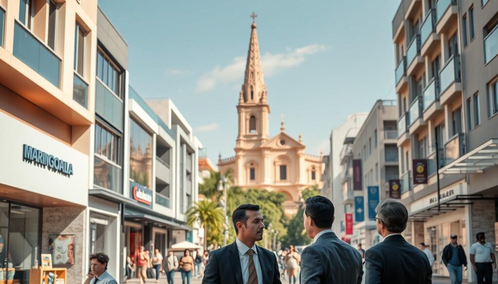 A bustling street scene in Maringá, capturing the vibrant commercial and residential buildings. In the foreground, there are a few well-dressed professionals engaged in conversation, showcasing a sense of business activity. The middle ground features a mix of modern storefronts and residential properties, with pedestrians walking by, emphasizing the contrast between commercial and residential spaces. In the background, the iconic Maringá Cathedral towers gracefully, highlighting the city's unique architecture. Soft, natural sunlight bathes the scene, creating a warm ambiance, while a slight depth of field gives focus to the foreground characters. The overall mood is dynamic and engaging, illustrating the thriving rental market and the promise of rapid returns. A bustling street scene in Maringá, capturing the vibrant commercial and residential buildings. In the foreground, there are a few well-dressed professionals engaged in conversation, showcasing a sense of business activity. The middle ground features a mix of modern storefronts and residential properties, with pedestrians walking by, emphasizing the contrast between commercial and residential spaces. In the background, the iconic Maringá Cathedral towers gracefully, highlighting the city's unique architecture. Soft, natural sunlight bathes the scene, creating a warm ambiance, while a slight depth of field gives focus to the foreground characters. The overall mood is dynamic and engaging, illustrating the thriving rental market and the promise of rapid returns.