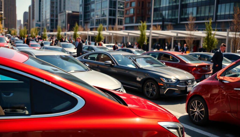 A bustling urban parking scene in the New Center, showcasing a variety of cars parked along a busy street. In the foreground, a well-maintained sedan in vibrant red, its sleek lines reflecting sunlight. The middle ground features a diverse group of cars, with some having parking meters visible, emphasizing the parking challenge. In the background, a modern urban landscape with tall buildings and busy pedestrians dressed in professional attire. The lighting is bright and clear, depicting a sunny day, with slight shadows cast by the cars. The atmosphere is a lively mix of city life and transportation struggle, capturing the essence of urban parking difficulties for residents and visitors alike. A bustling urban parking scene in the New Center, showcasing a variety of cars parked along a busy street. In the foreground, a well-maintained sedan in vibrant red, its sleek lines reflecting sunlight. The middle ground features a diverse group of cars, with some having parking meters visible, emphasizing the parking challenge. In the background, a modern urban landscape with tall buildings and busy pedestrians dressed in professional attire. The lighting is bright and clear, depicting a sunny day, with slight shadows cast by the cars. The atmosphere is a lively mix of city life and transportation struggle, capturing the essence of urban parking difficulties for residents and visitors alike.