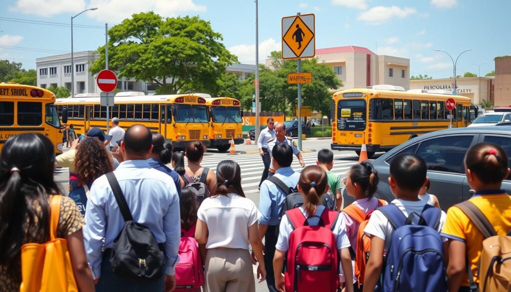 A bustling urban scene depicting a school traffic situation in Maringá during peak hours. In the foreground, a diverse group of parents in professional attire are guiding children in colorful school uniforms toward a line of parked school buses. In the middle ground, a traffic officer in a uniform is directing traffic, ensuring safety at a crosswalk. The background features school buildings with a clear sky, emphasizing a sunny day. The image should capture the organized chaos of school traffic, highlighting road signs and safety cones. Use bright, natural lighting to create a lively atmosphere, shot at a slight angle to showcase the flow of vehicles and pedestrians harmoniously. A bustling urban scene depicting a school traffic situation in Maringá during peak hours. In the foreground, a diverse group of parents in professional attire are guiding children in colorful school uniforms toward a line of parked school buses. In the middle ground, a traffic officer in a uniform is directing traffic, ensuring safety at a crosswalk. The background features school buildings with a clear sky, emphasizing a sunny day. The image should capture the organized chaos of school traffic, highlighting road signs and safety cones. Use bright, natural lighting to create a lively atmosphere, shot at a slight angle to showcase the flow of vehicles and pedestrians harmoniously.