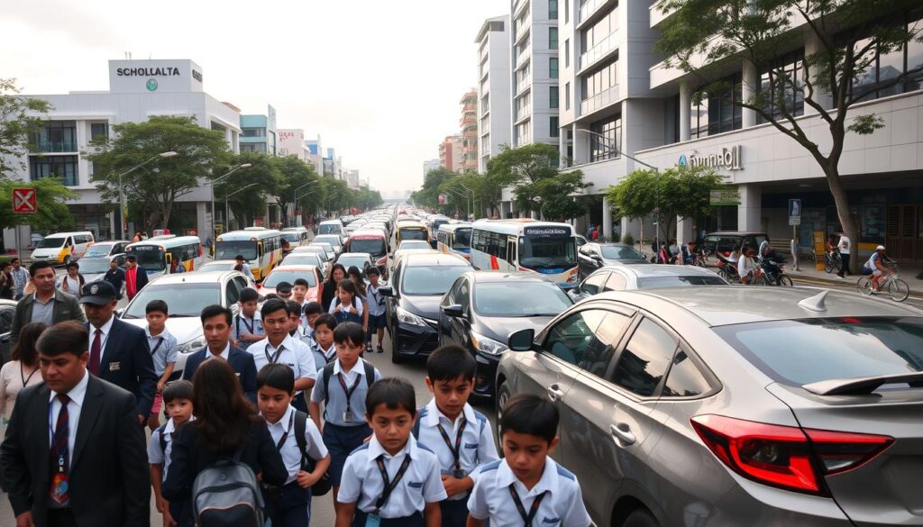 A bustling urban street scene in Maringá, showcasing the challenges of school-related traffic congestion. In the foreground, a diverse group of children in school uniforms, accompanied by parents in professional attire, navigate through busy sidewalks. The middle ground features an array of cars and buses in a traffic jam, with frustrated drivers peering out of their vehicles. Surrounding the area are modern buildings with school signage, trees, and bike lanes that hint at possible solutions for urban mobility. The background captures a cloudy sky with soft, diffused lighting, evoking a sense of urgency and frustration. The composition uses a wide-angle perspective to emphasize the density of the scene, illustrating the intersection of school logistics and urban congestion. A bustling urban street scene in Maringá, showcasing the challenges of school-related traffic congestion. In the foreground, a diverse group of children in school uniforms, accompanied by parents in professional attire, navigate through busy sidewalks. The middle ground features an array of cars and buses in a traffic jam, with frustrated drivers peering out of their vehicles. Surrounding the area are modern buildings with school signage, trees, and bike lanes that hint at possible solutions for urban mobility. The background captures a cloudy sky with soft, diffused lighting, evoking a sense of urgency and frustration. The composition uses a wide-angle perspective to emphasize the density of the scene, illustrating the intersection of school logistics and urban congestion.