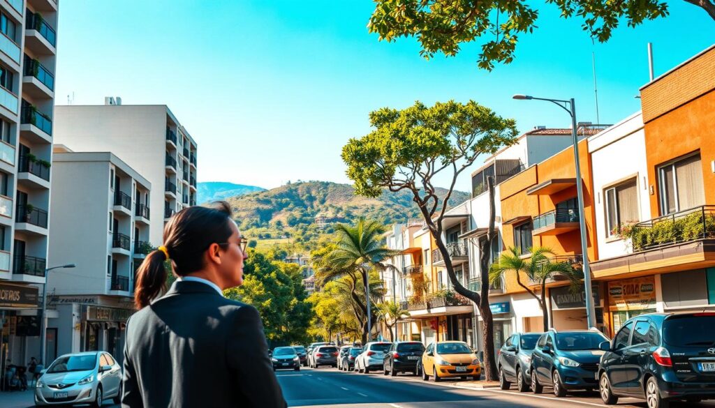 A bustling urban street scene in Zone 02 of Maringá, showcasing a mix of modern apartment buildings and local businesses. In the foreground, a couple in business attire discusses a rental agreement, their expressions focused and determined. The middle ground features an array of charming one-bedroom apartments, with some balcony gardens, emphasizing the rarity of such properties in this area. The background displays the lush greenery of local parks and distant hills under a bright blue sky, suggesting a vibrant city life. The scene is infused with warm, natural sunlight, casting soft shadows that add depth. Capture a sense of urgency and competition, illustrating why one-bedroom apartments are highly sought after in this neighborhood. A bustling urban street scene in Zone 02 of Maringá, showcasing a mix of modern apartment buildings and local businesses. In the foreground, a couple in business attire discusses a rental agreement, their expressions focused and determined. The middle ground features an array of charming one-bedroom apartments, with some balcony gardens, emphasizing the rarity of such properties in this area. The background displays the lush greenery of local parks and distant hills under a bright blue sky, suggesting a vibrant city life. The scene is infused with warm, natural sunlight, casting soft shadows that add depth. Capture a sense of urgency and competition, illustrating why one-bedroom apartments are highly sought after in this neighborhood.