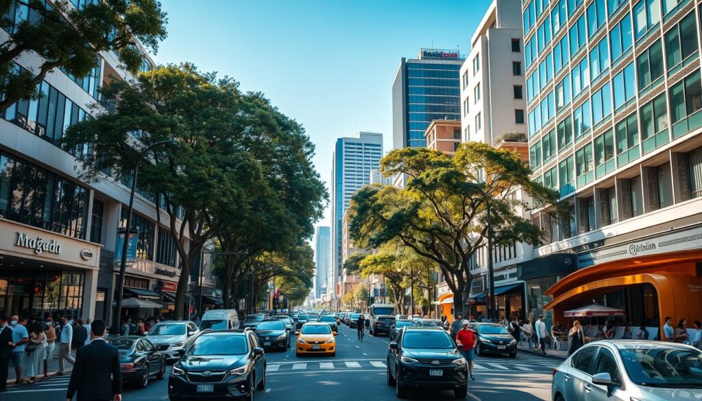 A busy street scene in Avenida Maringá, showcasing a vibrant urban environment filled with modern buildings and busy pedestrians. In the foreground, a wide road with cars and people walking, some wearing professional business attire, while others sport casual clothing, reflecting the diverse atmosphere. In the middle ground, a mix of shops and cafes with outdoor seating, creating a lively ambiance. The background features tall trees lining the avenue, partially obscuring the towering buildings, with a clear blue sky overhead. Soft, warm sunlight filters through, casting gentle shadows. The mood conveys the hustle and bustle of city life, highlighting the contemporary challenges of noise pollution in this lively avenue. The composition captures the essence of urban life in Maringá, inviting viewers to ponder the impact of sound in this environment. A busy street scene in Avenida Maringá, showcasing a vibrant urban environment filled with modern buildings and busy pedestrians. In the foreground, a wide road with cars and people walking, some wearing professional business attire, while others sport casual clothing, reflecting the diverse atmosphere. In the middle ground, a mix of shops and cafes with outdoor seating, creating a lively ambiance. The background features tall trees lining the avenue, partially obscuring the towering buildings, with a clear blue sky overhead. Soft, warm sunlight filters through, casting gentle shadows. The mood conveys the hustle and bustle of city life, highlighting the contemporary challenges of noise pollution in this lively avenue. The composition captures the essence of urban life in Maringá, inviting viewers to ponder the impact of sound in this environment.