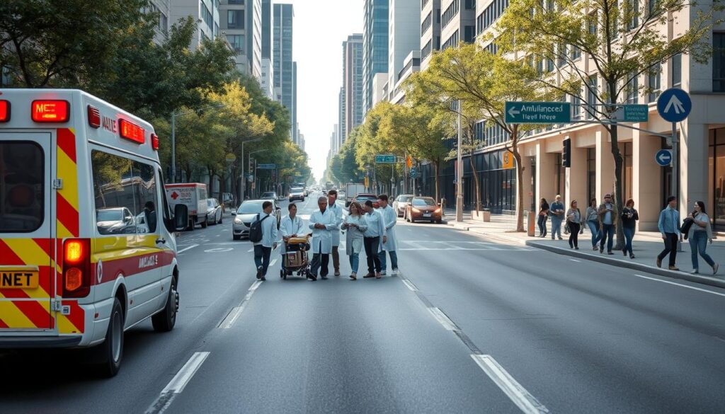 A busy urban street designed for efficient ambulance access. In the foreground, an ambulance with flashing lights is positioned near a wide, unobstructed road with clear markings. The middle ground features healthcare professionals in professional attire assisting patients, while pedestrians maintain a safe distance. The background shows modern buildings, trees lining the street, and efficiently placed traffic signage, symbolizing a well-planned community. The lighting is bright and welcoming, suggesting a clear day, with the sun casting soft shadows. The angle is slightly elevated, providing a comprehensive view of the scene, highlighting both the ambulance access points and the community engagement in health services. The overall mood is one of urgency balanced with order and community support. A busy urban street designed for efficient ambulance access. In the foreground, an ambulance with flashing lights is positioned near a wide, unobstructed road with clear markings. The middle ground features healthcare professionals in professional attire assisting patients, while pedestrians maintain a safe distance. The background shows modern buildings, trees lining the street, and efficiently placed traffic signage, symbolizing a well-planned community. The lighting is bright and welcoming, suggesting a clear day, with the sun casting soft shadows. The angle is slightly elevated, providing a comprehensive view of the scene, highlighting both the ambulance access points and the community engagement in health services. The overall mood is one of urgency balanced with order and community support.