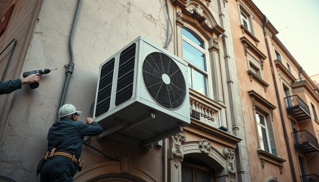 A close-up view of an air conditioning unit being installed in the exterior wall of an old condominium building, showcasing the challenges of modernizing historic architecture. In the foreground, a technician in professional work attire is carefully positioning the unit, using tools like a drill and a level. The middle ground displays the aged facade of the building with ornate details, cracks, and peeling paint, highlighting its age and structural complexities. Soft, warm afternoon light casts gentle shadows, creating an inviting yet challenging atmosphere. The background features neighboring old buildings, emphasizing the historical context. The overall mood evokes a sense of professionalism and the technical challenges involved in air conditioning installations in older structures. A close-up view of an air conditioning unit being installed in the exterior wall of an old condominium building, showcasing the challenges of modernizing historic architecture. In the foreground, a technician in professional work attire is carefully positioning the unit, using tools like a drill and a level. The middle ground displays the aged facade of the building with ornate details, cracks, and peeling paint, highlighting its age and structural complexities. Soft, warm afternoon light casts gentle shadows, creating an inviting yet challenging atmosphere. The background features neighboring old buildings, emphasizing the historical context. The overall mood evokes a sense of professionalism and the technical challenges involved in air conditioning installations in older structures.