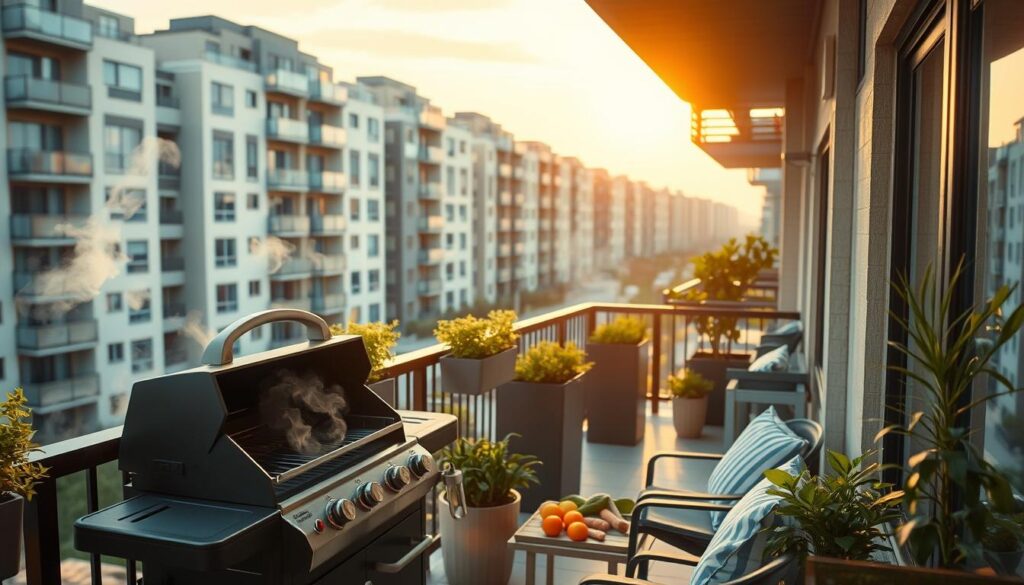 A cozy apartment balcony scene in a modern urban environment, with a view of multiple buildings. In the foreground, a well-designed gourmet grill surrounded by various grilling tools and fresh ingredients, with smoke rising from the grill, creating a slight haze in the air. In the middle ground, balcony planters with greenery, hinting at a relaxed outdoor living space. In the background, rows of adjacent apartment buildings, emphasizing the close proximity to neighbors. The lighting is warm and inviting, with the golden hour sun casting soft shadows, creating a serene atmosphere. The image should evoke both the enjoyment of outdoor cooking and the potential concern of smoke drifting into neighboring apartments, conveying a sense of community living. A cozy apartment balcony scene in a modern urban environment, with a view of multiple buildings. In the foreground, a well-designed gourmet grill surrounded by various grilling tools and fresh ingredients, with smoke rising from the grill, creating a slight haze in the air. In the middle ground, balcony planters with greenery, hinting at a relaxed outdoor living space. In the background, rows of adjacent apartment buildings, emphasizing the close proximity to neighbors. The lighting is warm and inviting, with the golden hour sun casting soft shadows, creating a serene atmosphere. The image should evoke both the enjoyment of outdoor cooking and the potential concern of smoke drifting into neighboring apartments, conveying a sense of community living.