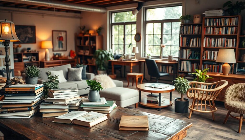 A cozy, inviting scene showcasing a variety of used furniture ideal for students in Maringá. In the foreground, a rustic wooden table cluttered with books, plants, and a vintage lamp. The middle ground features an assortment of affordable, stylish furniture including a comfortable sofa, a study desk, and an eclectic bookshelf filled with novels. In the background, a gently lit room with warm lighting enhances the inviting atmosphere, while large windows reveal a glimpse of Maringá's green trees outside. The setting evokes a sense of home and community, perfect for student life. Utilize a soft focus lens to capture a warm, welcoming mood, emphasizing the charm and practicality of second-hand furniture. A cozy, inviting scene showcasing a variety of used furniture ideal for students in Maringá. In the foreground, a rustic wooden table cluttered with books, plants, and a vintage lamp. The middle ground features an assortment of affordable, stylish furniture including a comfortable sofa, a study desk, and an eclectic bookshelf filled with novels. In the background, a gently lit room with warm lighting enhances the inviting atmosphere, while large windows reveal a glimpse of Maringá's green trees outside. The setting evokes a sense of home and community, perfect for student life. Utilize a soft focus lens to capture a warm, welcoming mood, emphasizing the charm and practicality of second-hand furniture.