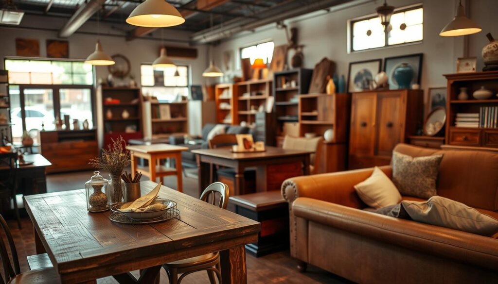 A cozy, inviting second-hand furniture store in Maringá, with a warm atmosphere. The foreground showcases a rustic wooden table adorned with vintage decor items, a couple of mismatched chairs, and a comfortable-looking sofa. In the middle area, various pieces of used furniture are arranged neatly, including bookshelves, desks, and dressers, all in a spectrum of wood finishes and styles, showing affordability and charm. The background reveals the store's charming interior, with warm lighting spilling from hanging lamps and sunlight filtering through large windows. A soft-focus effect emphasizes the furniture while making the surroundings feel welcoming. The mood is casual and friendly, perfect for students seeking budget-friendly furniture options. A cozy, inviting second-hand furniture store in Maringá, with a warm atmosphere. The foreground showcases a rustic wooden table adorned with vintage decor items, a couple of mismatched chairs, and a comfortable-looking sofa. In the middle area, various pieces of used furniture are arranged neatly, including bookshelves, desks, and dressers, all in a spectrum of wood finishes and styles, showing affordability and charm. The background reveals the store's charming interior, with warm lighting spilling from hanging lamps and sunlight filtering through large windows. A soft-focus effect emphasizes the furniture while making the surroundings feel welcoming. The mood is casual and friendly, perfect for students seeking budget-friendly furniture options.