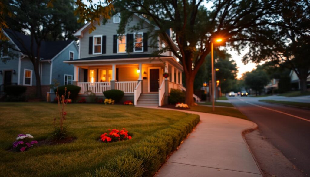 A cozy residential rental property located in a suburban neighborhood, featuring a charming two-story house with a well-manicured front yard, colorful flower beds, and a welcoming porch. In the foreground, a neatly paved walkway leads to the front door, inviting viewers into the home. The middle ground showcases the house with soft, warm lighting emanating from the windows, suggesting a comfortable and inviting atmosphere. The background includes leafy trees and a serene street, indicating a peaceful community vibe. The scene is captured during the golden hour, with soft, diffused lighting that creates a welcoming and tranquil mood. The angle is slightly elevated, giving a clear view of the property while maintaining a sense of intimacy. A cozy residential rental property located in a suburban neighborhood, featuring a charming two-story house with a well-manicured front yard, colorful flower beds, and a welcoming porch. In the foreground, a neatly paved walkway leads to the front door, inviting viewers into the home. The middle ground showcases the house with soft, warm lighting emanating from the windows, suggesting a comfortable and inviting atmosphere. The background includes leafy trees and a serene street, indicating a peaceful community vibe. The scene is captured during the golden hour, with soft, diffused lighting that creates a welcoming and tranquil mood. The angle is slightly elevated, giving a clear view of the property while maintaining a sense of intimacy.