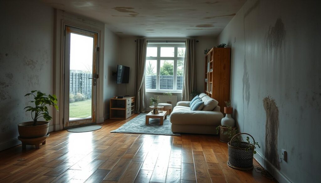 A damp ground floor apartment, showcasing signs of humidity with visible water stains on the walls and ceiling. In the foreground, a wooden floor exhibits slight warping, while a small potted plant in the corner shows yellowing leaves. The middle ground features a living area with a cozy couch and bookshelves, but faint mold patches are noticeable on the wall. Natural light filters through a window, casting soft shadows and revealing a hint of condensation on the glass. In the background, a slightly blurred view of an outdoor garden with overgrown grass and a gloomy, grey sky contributes to a somber atmosphere. The overall mood is one of concern and awareness about the effects of humidity in inhabited spaces. A damp ground floor apartment, showcasing signs of humidity with visible water stains on the walls and ceiling. In the foreground, a wooden floor exhibits slight warping, while a small potted plant in the corner shows yellowing leaves. The middle ground features a living area with a cozy couch and bookshelves, but faint mold patches are noticeable on the wall. Natural light filters through a window, casting soft shadows and revealing a hint of condensation on the glass. In the background, a slightly blurred view of an outdoor garden with overgrown grass and a gloomy, grey sky contributes to a somber atmosphere. The overall mood is one of concern and awareness about the effects of humidity in inhabited spaces.