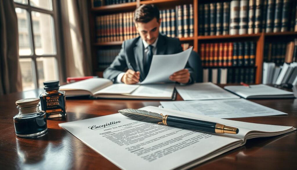 A detailed and organized scene illustrating the concept of "custos escritura registro." In the foreground, an open legal document with elegant script and a quill pen rests on a polished wooden desk. Beside it, a vintage ink bottle adds a touch of nostalgia. In the middle ground, a professional figure in business attire, possibly a lawyer or notary, meticulously reviewing financial documents and fee tables related to escritura and registro in Maringá. Soft, natural light streams in from a window, casting subtle shadows that emphasize the seriousness of the task. The background features bookshelves filled with legal books and case files, creating an atmosphere of professionalism and trust. The overall mood is informative, serious, and focused on financial literacy in legal matters. A detailed and organized scene illustrating the concept of "custos escritura registro." In the foreground, an open legal document with elegant script and a quill pen rests on a polished wooden desk. Beside it, a vintage ink bottle adds a touch of nostalgia. In the middle ground, a professional figure in business attire, possibly a lawyer or notary, meticulously reviewing financial documents and fee tables related to escritura and registro in Maringá. Soft, natural light streams in from a window, casting subtle shadows that emphasize the seriousness of the task. The background features bookshelves filled with legal books and case files, creating an atmosphere of professionalism and trust. The overall mood is informative, serious, and focused on financial literacy in legal matters.