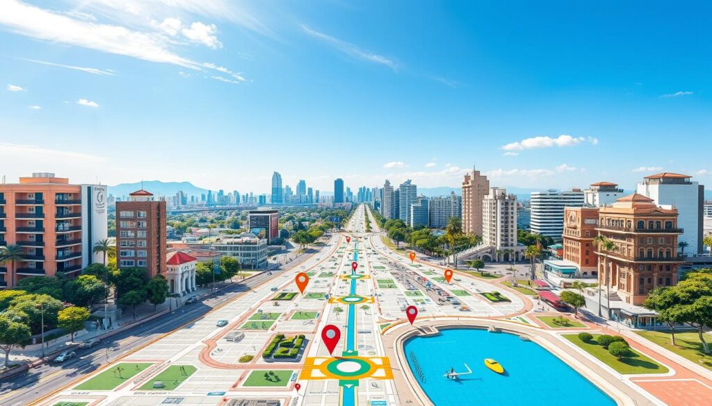 A detailed and vibrant street map of Avenida Horácio Raccanello, showcasing its key landmarks and points of interest. The foreground features a stylized layout of the avenue, with intricate details of buildings, parks, and public spaces, emphasizing navigation points. The middle ground includes decorative elements like arrows and markers showing directions, guiding the viewer’s eye along the route. The background captures a city skyline under a bright blue sky, with soft, natural lighting that creates an inviting atmosphere. The map should have a professional and polished look, enhancing clarity and usability, without any text or additional labels. The scene evokes a sense of exploration and community, ideal for urban navigation. A detailed and vibrant street map of Avenida Horácio Raccanello, showcasing its key landmarks and points of interest. The foreground features a stylized layout of the avenue, with intricate details of buildings, parks, and public spaces, emphasizing navigation points. The middle ground includes decorative elements like arrows and markers showing directions, guiding the viewer’s eye along the route. The background captures a city skyline under a bright blue sky, with soft, natural lighting that creates an inviting atmosphere. The map should have a professional and polished look, enhancing clarity and usability, without any text or additional labels. The scene evokes a sense of exploration and community, ideal for urban navigation.