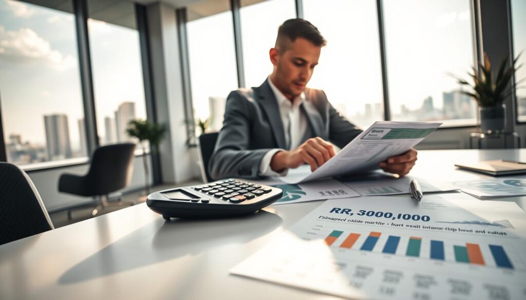 A detailed calculator on a sleek, modern desk in a well-lit office, surrounded by financial documents and graphs depicting real estate market trends. In the foreground, a professional person in business attire closely examines the calculator, calculating the necessary income to finance a R$ 300,000 apartment in Maringá. The office features large windows that allow natural light to stream in, reflecting a bright and optimistic atmosphere. In the background, visual elements such as a city skyline, symbolizing Maringá, can be seen through the windows, enhancing the urban setting. The mood is focused and analytical, ideal for a financial planning context, with soft shadows adding depth to the image, shot with a warm color palette to convey a sense of professionalism and trust. A detailed calculator on a sleek, modern desk in a well-lit office, surrounded by financial documents and graphs depicting real estate market trends. In the foreground, a professional person in business attire closely examines the calculator, calculating the necessary income to finance a R$ 300,000 apartment in Maringá. The office features large windows that allow natural light to stream in, reflecting a bright and optimistic atmosphere. In the background, visual elements such as a city skyline, symbolizing Maringá, can be seen through the windows, enhancing the urban setting. The mood is focused and analytical, ideal for a financial planning context, with soft shadows adding depth to the image, shot with a warm color palette to convey a sense of professionalism and trust.