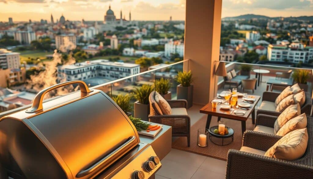 A detailed depiction of a stylish outdoor barbecue area in a modern apartment balcony in Maringá, with a tasteful barbecue grill set up. In the foreground, a well-designed stainless steel grill with smoke gently rising from it, surrounded by fresh ingredients like vegetables and marinated meats. The middle ground showcases a cozy seating area with comfortable, elegant outdoor furniture, including a dining table set for a gathering, adorned with colorful dishes and drinks. The background features a beautiful view of the cityscape of Maringá, including iconic buildings and green spaces, bathed in warm, golden afternoon sunlight. The atmosphere is inviting and lively, conveying a sense of community and shared joy around grilling. A detailed depiction of a stylish outdoor barbecue area in a modern apartment balcony in Maringá, with a tasteful barbecue grill set up. In the foreground, a well-designed stainless steel grill with smoke gently rising from it, surrounded by fresh ingredients like vegetables and marinated meats. The middle ground showcases a cozy seating area with comfortable, elegant outdoor furniture, including a dining table set for a gathering, adorned with colorful dishes and drinks. The background features a beautiful view of the cityscape of Maringá, including iconic buildings and green spaces, bathed in warm, golden afternoon sunlight. The atmosphere is inviting and lively, conveying a sense of community and shared joy around grilling.