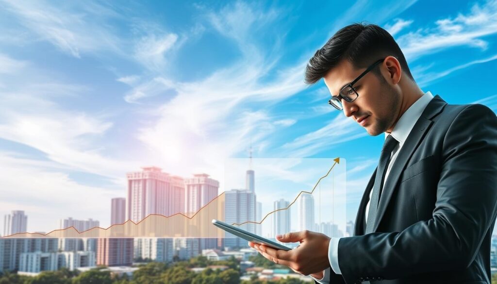 A detailed illustration of real estate appreciation per square meter in Maringá over the last five years. In the foreground, a professional businessperson in smart attire is analyzing data on a tablet, with a focused expression, surrounded by graphs and charts showing upward trends. In the middle ground, the skyline of Maringá is visible, featuring modern residential and commercial buildings, symbolizing growth and investment potential. The background displays a vibrant blue sky with wispy clouds, accentuating a sense of optimism and progress. Soft, natural lighting highlights the scene, creating a warm and inviting atmosphere. The composition should convey professionalism and analytical insight, without any text or additional elements. A detailed illustration of real estate appreciation per square meter in Maringá over the last five years. In the foreground, a professional businessperson in smart attire is analyzing data on a tablet, with a focused expression, surrounded by graphs and charts showing upward trends. In the middle ground, the skyline of Maringá is visible, featuring modern residential and commercial buildings, symbolizing growth and investment potential. The background displays a vibrant blue sky with wispy clouds, accentuating a sense of optimism and progress. Soft, natural lighting highlights the scene, creating a warm and inviting atmosphere. The composition should convey professionalism and analytical insight, without any text or additional elements.