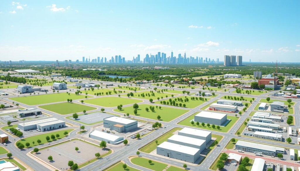 A detailed illustration of urban land use in Maringá, Brazil, focusing on industrial zoning. In the foreground, a grid-like layout of land parcels designated for industrial use, with various factories depicted in a modern architectural style, including warehouses and manufacturing plants. The middle ground features green spaces and infrastructure like roads, connecting the industrial zones, with small trees and plants to illustrate landscaping efforts. The background shows a skyline of Maringá with high-rise buildings and a clear blue sky. Bright, natural lighting enhances the scene, with a slightly elevated perspective, giving a sense of overview. The mood is informative and professional, reflecting planning and development in urbanism. A detailed illustration of urban land use in Maringá, Brazil, focusing on industrial zoning. In the foreground, a grid-like layout of land parcels designated for industrial use, with various factories depicted in a modern architectural style, including warehouses and manufacturing plants. The middle ground features green spaces and infrastructure like roads, connecting the industrial zones, with small trees and plants to illustrate landscaping efforts. The background shows a skyline of Maringá with high-rise buildings and a clear blue sky. Bright, natural lighting enhances the scene, with a slightly elevated perspective, giving a sense of overview. The mood is informative and professional, reflecting planning and development in urbanism.