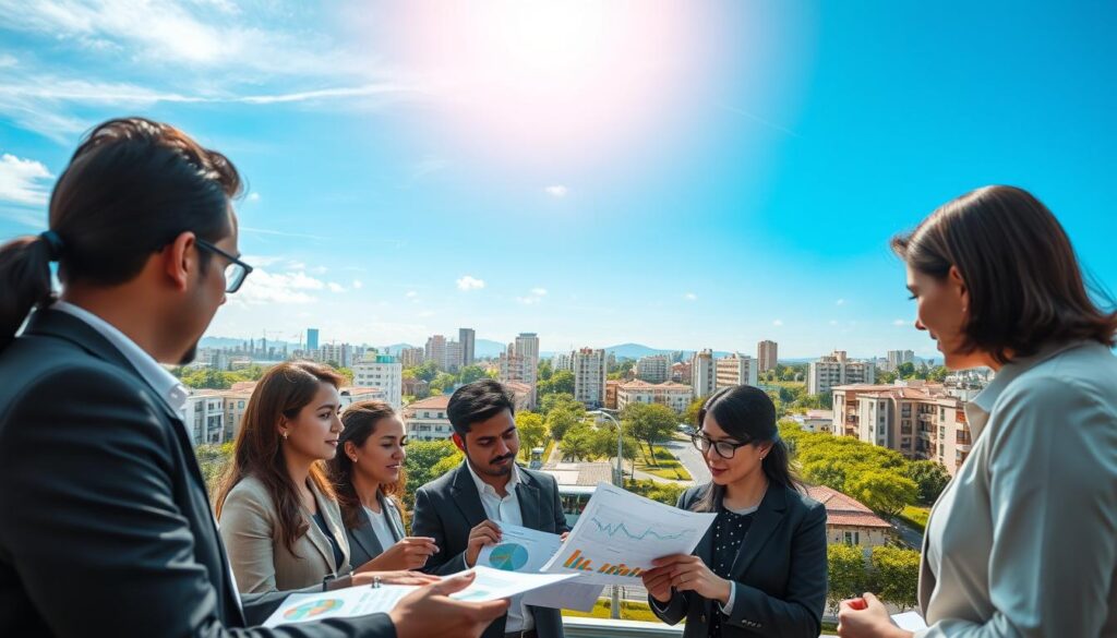 A detailed scene depicting a modern urban environment focused on housing and transportation costs. In the foreground, a diverse group of professionals in business attire is discussing and analyzing charts and documents related to housing and transportation expenses. The middle ground features a contemporary cityscape of Maringá or Sarandi with residential buildings, transportation options including buses and bicycles, and green parks. In the background, a clear blue sky with soft, warm sunlight creates an optimistic atmosphere. Use a slightly elevated angle to capture both the dynamics of the group and the lively urban context. The lighting should be bright but soft, emphasizing a professional yet approachable mood, ideal for an analytical discussion. A detailed scene depicting a modern urban environment focused on housing and transportation costs. In the foreground, a diverse group of professionals in business attire is discussing and analyzing charts and documents related to housing and transportation expenses. The middle ground features a contemporary cityscape of Maringá or Sarandi with residential buildings, transportation options including buses and bicycles, and green parks. In the background, a clear blue sky with soft, warm sunlight creates an optimistic atmosphere. Use a slightly elevated angle to capture both the dynamics of the group and the lively urban context. The lighting should be bright but soft, emphasizing a professional yet approachable mood, ideal for an analytical discussion.