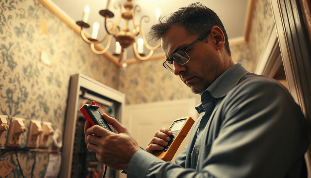 A detailed scene of an electrical inspection in an old home, showcasing a professional inspector examining the electrical panel and wiring. In the foreground, a focused inspector, dressed in a smart business casual outfit, is using a multimeter on a vintage electrical panel, with visible wires and circuit breakers. In the middle ground, the dimly lit room reveals peeling wallpaper and aged outlets, emphasizing the need for careful evaluation. The background features soft focus on an old chandelier, hinting at the home's historic charm. The lighting is warm and natural, creating a serious yet approachable atmosphere. Capture a slight overhead angle to emphasize the inspector's meticulous process, highlighting the contrast between new tools and vintage settings. No text or branding elements present. A detailed scene of an electrical inspection in an old home, showcasing a professional inspector examining the electrical panel and wiring. In the foreground, a focused inspector, dressed in a smart business casual outfit, is using a multimeter on a vintage electrical panel, with visible wires and circuit breakers. In the middle ground, the dimly lit room reveals peeling wallpaper and aged outlets, emphasizing the need for careful evaluation. The background features soft focus on an old chandelier, hinting at the home's historic charm. The lighting is warm and natural, creating a serious yet approachable atmosphere. Capture a slight overhead angle to emphasize the inspector's meticulous process, highlighting the contrast between new tools and vintage settings. No text or branding elements present.