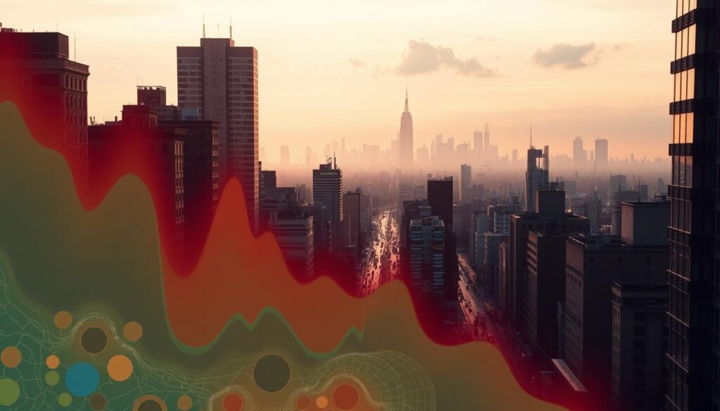 A detailed urban noise map depicting the sound levels in a busy city center. In the foreground, use a color gradient to represent different sound intensities, with brighter reds for louder areas and cooler blues for quieter spots. The middle ground features stylized silhouettes of tall buildings and bustling streets, creating a sense of urban density. In the background, a hazy skyline merges with soft clouds, hinting at the city beyond. The lighting should be soft, reflecting the time of day in early evening with a warm glow. Capture the atmosphere as both vibrant and slightly chaotic, emphasizing the public's struggle with noise in an urban environment. A detailed urban noise map depicting the sound levels in a busy city center. In the foreground, use a color gradient to represent different sound intensities, with brighter reds for louder areas and cooler blues for quieter spots. The middle ground features stylized silhouettes of tall buildings and bustling streets, creating a sense of urban density. In the background, a hazy skyline merges with soft clouds, hinting at the city beyond. The lighting should be soft, reflecting the time of day in early evening with a warm glow. Capture the atmosphere as both vibrant and slightly chaotic, emphasizing the public's struggle with noise in an urban environment.