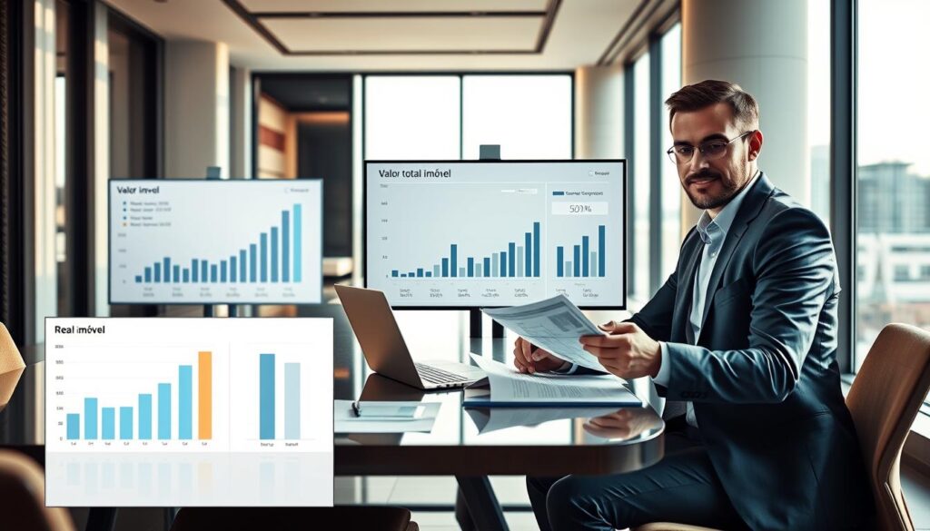 A detailed visualization depicting the concept of "valor total imóvel" in a contemporary real estate setting. In the foreground, a confident, professional couple in business attire is seated at a modern conference table, examining financial documents and a laptop, with expressions of focused discussion. The middle ground features stylish charts and graphs displayed on a screen, representing market data and costs associated with real estate entries. In the background, a well-lit office environment showcases sleek architecture and large windows offering a cityscape view. The lighting is warm and inviting, casting soft shadows that create a cooperative atmosphere. The overall mood conveys professionalism and clarity in understanding real estate financing. A detailed visualization depicting the concept of "valor total imóvel" in a contemporary real estate setting. In the foreground, a confident, professional couple in business attire is seated at a modern conference table, examining financial documents and a laptop, with expressions of focused discussion. The middle ground features stylish charts and graphs displayed on a screen, representing market data and costs associated with real estate entries. In the background, a well-lit office environment showcases sleek architecture and large windows offering a cityscape view. The lighting is warm and inviting, casting soft shadows that create a cooperative atmosphere. The overall mood conveys professionalism and clarity in understanding real estate financing.