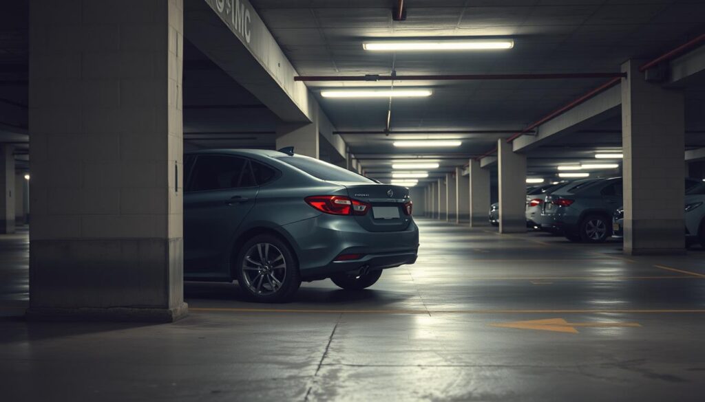 A dimly lit underground parking garage, showcasing a tight parking space with a car awkwardly wedged between two pillars. In the foreground, the car's side mirrors are almost touching the surrounding concrete, emphasizing the cramped conditions. The middle ground features a reflection of flickering fluorescent lights on the concrete floor, adding depth to the scene. The background reveals a series of similar parking spots, some with barely enough room for the vehicles, creating a sense of tension and frustration. The atmosphere should convey a feeling of conflict and unease, capturing the essence of space limitations in condominiums. The angle is slightly low, focusing on the vehicle and its surroundings, enhancing the claustrophobic feeling of a "vaga presa." A dimly lit underground parking garage, showcasing a tight parking space with a car awkwardly wedged between two pillars. In the foreground, the car's side mirrors are almost touching the surrounding concrete, emphasizing the cramped conditions. The middle ground features a reflection of flickering fluorescent lights on the concrete floor, adding depth to the scene. The background reveals a series of similar parking spots, some with barely enough room for the vehicles, creating a sense of tension and frustration. The atmosphere should convey a feeling of conflict and unease, capturing the essence of space limitations in condominiums. The angle is slightly low, focusing on the vehicle and its surroundings, enhancing the claustrophobic feeling of a "vaga presa."