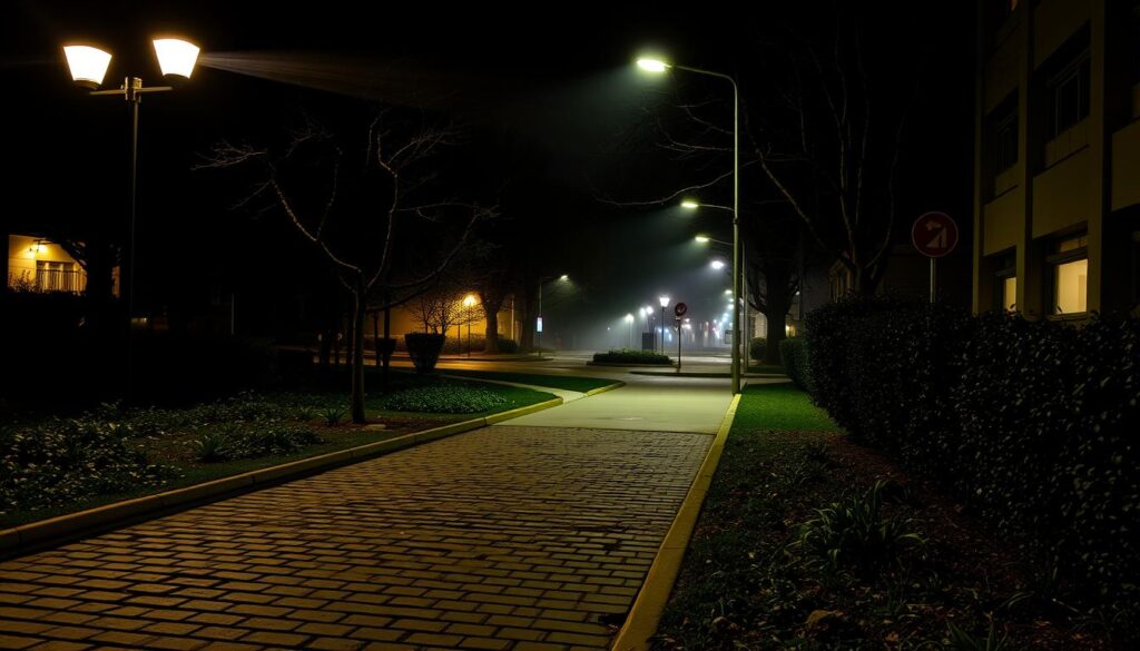 A dimly lit urban street environment near the UEM campus at night, showcasing a mixture of shadows and artificial lighting from street lamps. In the foreground, a cobblestone path is lined with sparse greenery, evoking a sense of caution. The middle ground features a well-maintained sidewalk with subtle signs indicating walking routes, illuminated for safety. In the background, the silhouette of the UEM building stands, its windows glowing softly to indicate life inside, creating an atmosphere of vigilance and security. The scene captures a slight mist, adding depth, with a focus on a safe route that blends urban elements and natural surroundings. The overall mood is serious yet hopeful, emphasizing the importance of safety at night. A dimly lit urban street environment near the UEM campus at night, showcasing a mixture of shadows and artificial lighting from street lamps. In the foreground, a cobblestone path is lined with sparse greenery, evoking a sense of caution. The middle ground features a well-maintained sidewalk with subtle signs indicating walking routes, illuminated for safety. In the background, the silhouette of the UEM building stands, its windows glowing softly to indicate life inside, creating an atmosphere of vigilance and security. The scene captures a slight mist, adding depth, with a focus on a safe route that blends urban elements and natural surroundings. The overall mood is serious yet hopeful, emphasizing the importance of safety at night.