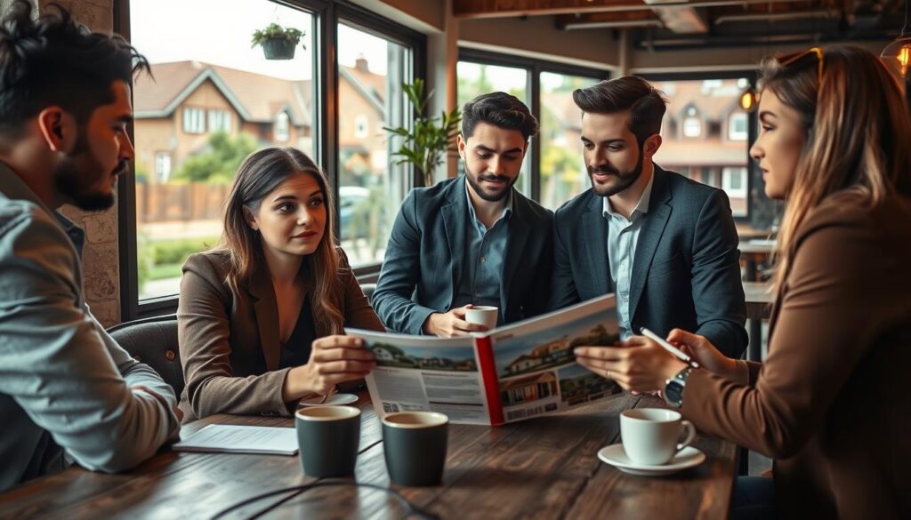 A diverse group of young adults gathered in a cozy coffee shop in Paiçandu, discussing their aspirations of buying their first home. In the foreground, a focused young couple in professional business attire examines a housing brochure. They are seated at a rustic wooden table, surrounded by coffee cups and a laptop open to real estate listings. In the middle, a thoughtful individual gestures animatedly, emphasizing key points of their conversation, while another member of the group takes notes. The background features warm lighting with a blend of modern and rustic decor, creating an inviting atmosphere. Outside the large windows, the vibrant scenery of Paiçandu's neighborhood showcases houses and greenery, subtly hinting at real estate options in the area. The image captures a sense of hope and determination, embodying the journey of purchasing a first home. A diverse group of young adults gathered in a cozy coffee shop in Paiçandu, discussing their aspirations of buying their first home. In the foreground, a focused young couple in professional business attire examines a housing brochure. They are seated at a rustic wooden table, surrounded by coffee cups and a laptop open to real estate listings. In the middle, a thoughtful individual gestures animatedly, emphasizing key points of their conversation, while another member of the group takes notes. The background features warm lighting with a blend of modern and rustic decor, creating an inviting atmosphere. Outside the large windows, the vibrant scenery of Paiçandu's neighborhood showcases houses and greenery, subtly hinting at real estate options in the area. The image captures a sense of hope and determination, embodying the journey of purchasing a first home.