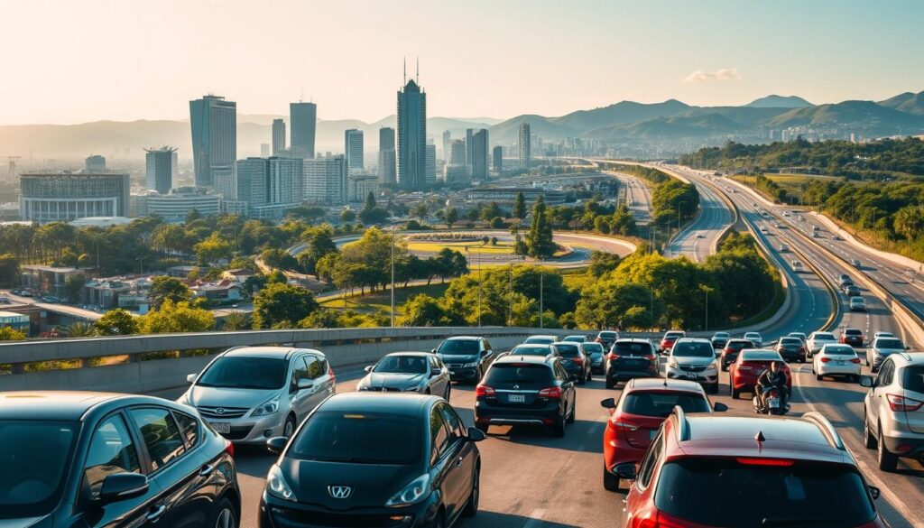 A dynamic urban scene showcasing the metropolitan area around Maringá, highlighting the daily commute atmosphere. In the foreground, a busy highway filled with cars, featuring a mix of professional individuals in business attire driving and waiting in traffic. In the middle ground, the city skyline rises, with modern office buildings adorned with glass facades reflecting the sunlight. Lush greenery and parks are interspersed throughout the urban landscape, creating a sense of balance. In the background, rolling hills and roads leading into surrounding towns represent the suburban effect. The scene is bathed in warm afternoon sunlight, casting long shadows and creating a vibrant, lively mood that captures the essence of daily life in the metropolitan region. The image should emphasize a sense of connectivity and community within the bustling environment. A dynamic urban scene showcasing the metropolitan area around Maringá, highlighting the daily commute atmosphere. In the foreground, a busy highway filled with cars, featuring a mix of professional individuals in business attire driving and waiting in traffic. In the middle ground, the city skyline rises, with modern office buildings adorned with glass facades reflecting the sunlight. Lush greenery and parks are interspersed throughout the urban landscape, creating a sense of balance. In the background, rolling hills and roads leading into surrounding towns represent the suburban effect. The scene is bathed in warm afternoon sunlight, casting long shadows and creating a vibrant, lively mood that captures the essence of daily life in the metropolitan region. The image should emphasize a sense of connectivity and community within the bustling environment.