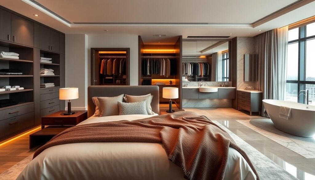 A luxurious master suite designed for comfort and elegance. In the foreground, a plush king-sized bed with a stylish headboard, adorned with soft textured pillows and a cozy throw blanket. Flanking the bed, sleek nightstands with modern lamps provide warm ambient lighting. In the middle, an expansive walk-in closet with well-organized shelves and a full-length mirror, showcasing an array of neatly hung garments. To the side, a spacious en-suite bathroom featuring a freestanding bathtub, dual sinks, and opulent marble countertops. In the background, large windows allow natural light to flood the room, illuminating the tasteful decor and creating a serene atmosphere. The overall mood is one of refined luxury and tranquility, perfect for enhancing the appeal of apartment resale. The scene should be captured from a slightly elevated angle to showcase the entire space beautifully. A luxurious master suite designed for comfort and elegance. In the foreground, a plush king-sized bed with a stylish headboard, adorned with soft textured pillows and a cozy throw blanket. Flanking the bed, sleek nightstands with modern lamps provide warm ambient lighting. In the middle, an expansive walk-in closet with well-organized shelves and a full-length mirror, showcasing an array of neatly hung garments. To the side, a spacious en-suite bathroom featuring a freestanding bathtub, dual sinks, and opulent marble countertops. In the background, large windows allow natural light to flood the room, illuminating the tasteful decor and creating a serene atmosphere. The overall mood is one of refined luxury and tranquility, perfect for enhancing the appeal of apartment resale. The scene should be captured from a slightly elevated angle to showcase the entire space beautifully.