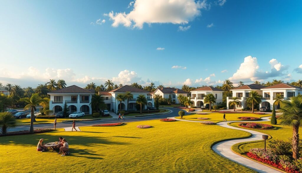 A luxurious residential neighborhood in Maringá, featuring elegant modern homes surrounded by lush greenery and manicured gardens. The foreground showcases a serene park area with families enjoying a picnic on the grass, children playing, and people jogging along a winding path. In the middle ground, upscale houses with stunning architectural designs and vibrant flower beds are visible. The background reveals a clear blue sky with soft clouds, enhancing the peaceful atmosphere. The scene is illuminated by warm, golden sunlight, casting gentle shadows and creating a welcoming ambiance. The view is taken from a slight elevated angle to capture the full beauty of the neighborhood, conveying a sense of community and high living standards. A luxurious residential neighborhood in Maringá, featuring elegant modern homes surrounded by lush greenery and manicured gardens. The foreground showcases a serene park area with families enjoying a picnic on the grass, children playing, and people jogging along a winding path. In the middle ground, upscale houses with stunning architectural designs and vibrant flower beds are visible. The background reveals a clear blue sky with soft clouds, enhancing the peaceful atmosphere. The scene is illuminated by warm, golden sunlight, casting gentle shadows and creating a welcoming ambiance. The view is taken from a slight elevated angle to capture the full beauty of the neighborhood, conveying a sense of community and high living standards.