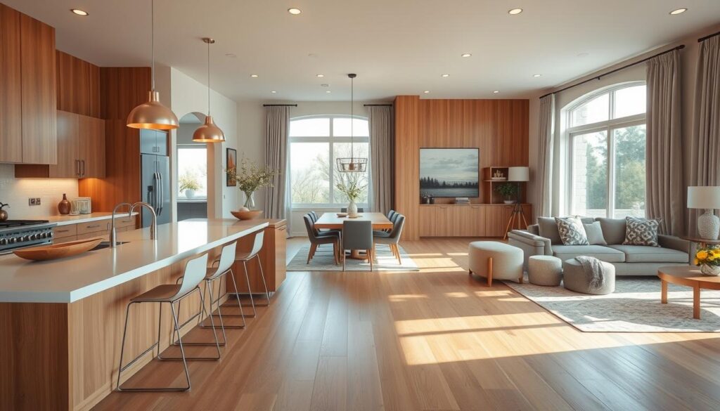 A modern American kitchen integrated with a living room, showcasing an open floor plan. The foreground features a spacious kitchen island with sleek countertops, minimalist bar stools, and stylish pendant lighting. In the middle, an elegant dining area with a wooden table and contemporary chairs complements the kitchen. The background displays a cozy living room with a comfortable sofa, decorative cushions, and a large window letting in ample natural light. The overall color palette is warm and inviting, emphasizing wood tones and soft neutrals. The scene is well-lit, capturing a bright, airy atmosphere. The perspective is from a corner angle, providing depth to the space. A modern American kitchen integrated with a living room, showcasing an open floor plan. The foreground features a spacious kitchen island with sleek countertops, minimalist bar stools, and stylish pendant lighting. In the middle, an elegant dining area with a wooden table and contemporary chairs complements the kitchen. The background displays a cozy living room with a comfortable sofa, decorative cushions, and a large window letting in ample natural light. The overall color palette is warm and inviting, emphasizing wood tones and soft neutrals. The scene is well-lit, capturing a bright, airy atmosphere. The perspective is from a corner angle, providing depth to the space.