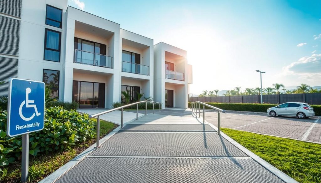 A modern, accessible real estate property in Maringá, featuring a wheelchair ramp at the entrance. In the foreground, show a wide, gentle ramp with textured surfaces for grip, surrounded by well-maintained greenery. Include a sign indicating accessibility features prominently. In the middle ground, depict the façade of a contemporary apartment building with large, open doorways and spacious, inviting balconies. Include accessible parking spaces nearby. In the background, illustrate a clear blue sky with soft, diffused sunlight illuminating the scene, creating an uplifting atmosphere. Use a slightly elevated angle for a comprehensive view, emphasizing the welcoming design and thoughtful accessibility features of the property. A modern, accessible real estate property in Maringá, featuring a wheelchair ramp at the entrance. In the foreground, show a wide, gentle ramp with textured surfaces for grip, surrounded by well-maintained greenery. Include a sign indicating accessibility features prominently. In the middle ground, depict the façade of a contemporary apartment building with large, open doorways and spacious, inviting balconies. Include accessible parking spaces nearby. In the background, illustrate a clear blue sky with soft, diffused sunlight illuminating the scene, creating an uplifting atmosphere. Use a slightly elevated angle for a comprehensive view, emphasizing the welcoming design and thoughtful accessibility features of the property.