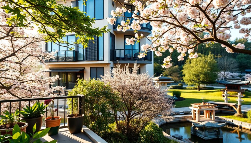 A modern apartment building near a serene Japanese park, surrounded by lush greenery and cherry blossom trees. In the foreground, a stylish balcony with potted plants offers a glimpse of urban living. The middle ground features the elegant façade of the apartment building, with large windows reflecting the sunlight. In the background, the tranquil park is visible, showcasing traditional Japanese elements like a koi pond and stone lanterns. The scene is bathed in warm afternoon light, creating a peaceful and inviting atmosphere. Capture the image from a slightly elevated angle to emphasize the apartment's proximity to the park, highlighting the appeal of location for potential buyers. A modern apartment building near a serene Japanese park, surrounded by lush greenery and cherry blossom trees. In the foreground, a stylish balcony with potted plants offers a glimpse of urban living. The middle ground features the elegant façade of the apartment building, with large windows reflecting the sunlight. In the background, the tranquil park is visible, showcasing traditional Japanese elements like a koi pond and stone lanterns. The scene is bathed in warm afternoon light, creating a peaceful and inviting atmosphere. Capture the image from a slightly elevated angle to emphasize the apartment's proximity to the park, highlighting the appeal of location for potential buyers.