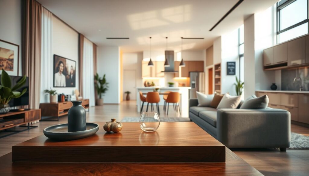 A modern apartment interior designed for sale in Maringá, featuring a spacious living room with contemporary furniture, natural light streaming in through large windows. The foreground shows a polished wooden coffee table with decorative items, while the middle ground highlights the stylish sofa and artworks on the walls. In the background, a well-lit kitchen with sleek countertops and state-of-the-art appliances is visible, complemented by indoor plants for a fresh look. The atmosphere is inviting and friendly, evoking a sense of warmth. The composition should have a slight angle to capture depth, and the lighting is soft and warm, creating a welcoming ambiance synonymous with home. A modern apartment interior designed for sale in Maringá, featuring a spacious living room with contemporary furniture, natural light streaming in through large windows. The foreground shows a polished wooden coffee table with decorative items, while the middle ground highlights the stylish sofa and artworks on the walls. In the background, a well-lit kitchen with sleek countertops and state-of-the-art appliances is visible, complemented by indoor plants for a fresh look. The atmosphere is inviting and friendly, evoking a sense of warmth. The composition should have a slight angle to capture depth, and the lighting is soft and warm, creating a welcoming ambiance synonymous with home.