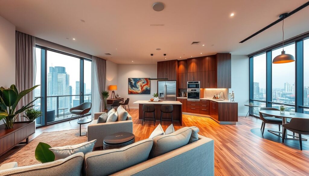 A modern apartment interior featuring a personalized open concept design that seamlessly integrates the living room, kitchen, and balcony. In the foreground, a stylish living room with a cozy sofa and decorative plants. The kitchen boasts elegant cabinetry and contemporary appliances with warm lighting illuminating the space. A spacious balcony offers a view of a vibrant cityscape, ideal for relaxation. Showcase textures like polished wood and soft fabrics contrasting with sleek metal accents. The atmosphere is inviting and vibrant, with natural light streaming in through large windows, creating a harmonious blend of comfort and style. Focus on a wide-angle view that captures the entire space, emphasizing a sense of openness and potential for customization. A modern apartment interior featuring a personalized open concept design that seamlessly integrates the living room, kitchen, and balcony. In the foreground, a stylish living room with a cozy sofa and decorative plants. The kitchen boasts elegant cabinetry and contemporary appliances with warm lighting illuminating the space. A spacious balcony offers a view of a vibrant cityscape, ideal for relaxation. Showcase textures like polished wood and soft fabrics contrasting with sleek metal accents. The atmosphere is inviting and vibrant, with natural light streaming in through large windows, creating a harmonious blend of comfort and style. Focus on a wide-angle view that captures the entire space, emphasizing a sense of openness and potential for customization.