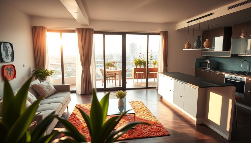 A modern apartment interior in Maringá, showcasing an inviting living room with a comfortable sofa, stylish coffee table, and large windows allowing natural light to flood the space. The foreground features house plants beside a bright area rug. In the middle, an open kitchen is visible with sleek countertops and contemporary appliances. The background displays a tasteful balcony with potted flowers and a view of the city skyline. The lighting is warm and soft, creating a cozy atmosphere. The camera angle is slightly elevated, capturing both the interior layout and exterior view, reflecting a welcoming environment conducive to real estate exchanges. The mood is professional yet inviting, suitable for discussing property exchanges. A modern apartment interior in Maringá, showcasing an inviting living room with a comfortable sofa, stylish coffee table, and large windows allowing natural light to flood the space. The foreground features house plants beside a bright area rug. In the middle, an open kitchen is visible with sleek countertops and contemporary appliances. The background displays a tasteful balcony with potted flowers and a view of the city skyline. The lighting is warm and soft, creating a cozy atmosphere. The camera angle is slightly elevated, capturing both the interior layout and exterior view, reflecting a welcoming environment conducive to real estate exchanges. The mood is professional yet inviting, suitable for discussing property exchanges.