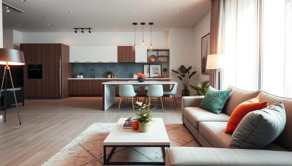 A modern apartment interior, showcasing a stylish living room with well-designed, integrated furniture. The foreground features a sleek, minimalist sofa adorned with colorful throw pillows, a chic coffee table, and a floor lamp casting a warm glow. In the middle, there is an open kitchen with custom cabinetry and an elegant dining area, complemented by tasteful decoration and plants that add life. The background reveals a large window with soft natural light streaming in, highlighting the contemporary décor. The atmosphere is inviting and sophisticated, ideal for a professional discussion on the benefits of well-planned spaces in rental properties. The image should be well-lit, using a wide-angle lens to capture the breadth of the room, evoking a sense of comfort and style. A modern apartment interior, showcasing a stylish living room with well-designed, integrated furniture. The foreground features a sleek, minimalist sofa adorned with colorful throw pillows, a chic coffee table, and a floor lamp casting a warm glow. In the middle, there is an open kitchen with custom cabinetry and an elegant dining area, complemented by tasteful decoration and plants that add life. The background reveals a large window with soft natural light streaming in, highlighting the contemporary décor. The atmosphere is inviting and sophisticated, ideal for a professional discussion on the benefits of well-planned spaces in rental properties. The image should be well-lit, using a wide-angle lens to capture the breadth of the room, evoking a sense of comfort and style.