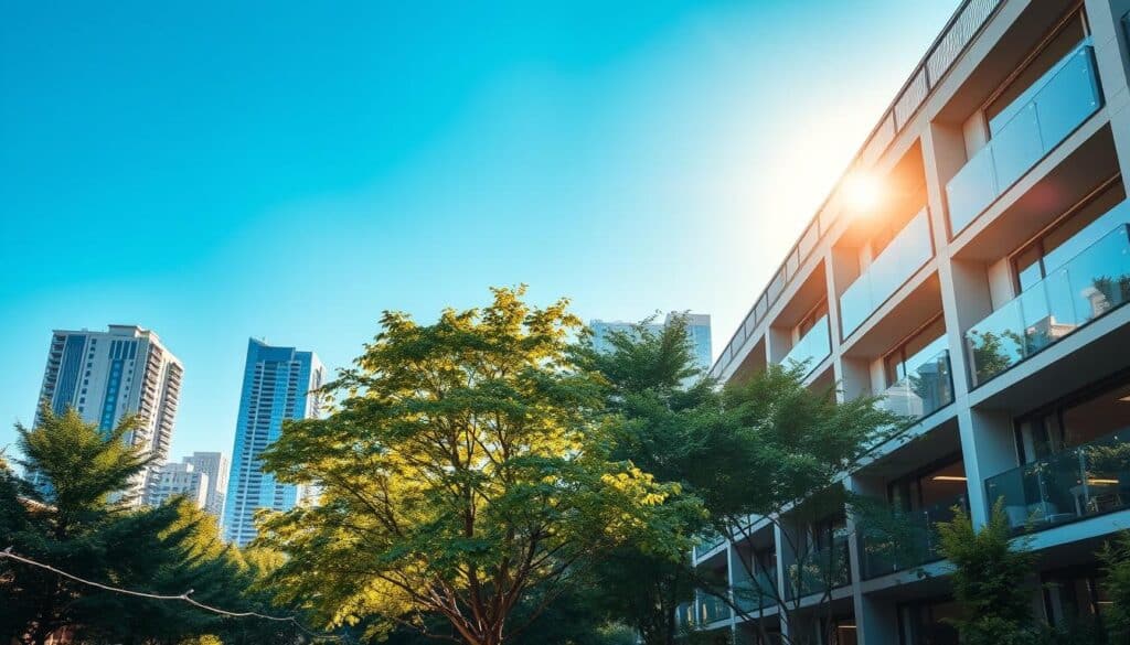 A modern architectural scene showcasing solar orientation in residential buildings. In the foreground, a sleek, contemporary apartment complex with large windows, designed to maximize natural light while minimizing direct sun exposure. The middle ground features lush greenery and strategically placed trees providing shade, enhancing the building's aesthetic and sustainability. In the background, a city skyline glimmers under a bright blue sky, with soft shadows cast by the tall buildings. The lighting is warm and inviting, simulating late afternoon sunlight, highlighting the texture of the architectural materials. The angle captures both horizontal and vertical lines harmoniously. The mood is serene and reflective, emphasizing the importance of thoughtful design in urban living. A modern architectural scene showcasing solar orientation in residential buildings. In the foreground, a sleek, contemporary apartment complex with large windows, designed to maximize natural light while minimizing direct sun exposure. The middle ground features lush greenery and strategically placed trees providing shade, enhancing the building's aesthetic and sustainability. In the background, a city skyline glimmers under a bright blue sky, with soft shadows cast by the tall buildings. The lighting is warm and inviting, simulating late afternoon sunlight, highlighting the texture of the architectural materials. The angle captures both horizontal and vertical lines harmoniously. The mood is serene and reflective, emphasizing the importance of thoughtful design in urban living.