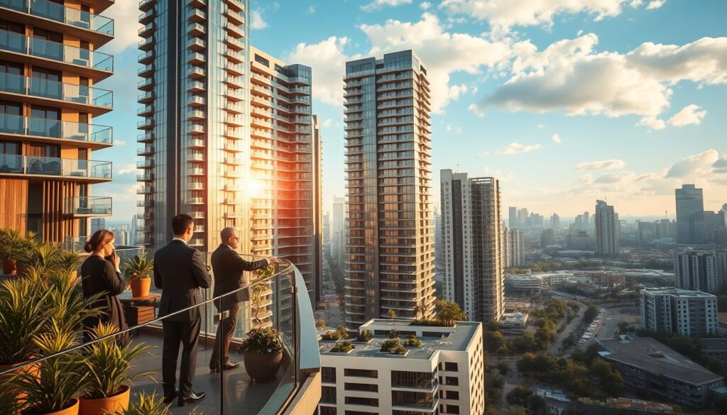 A modern city skyline featuring high-rise apartment buildings, with a focus on shadow-facing apartments that are positioned to maximize natural light during mornings and evenings. In the foreground, a well-designed balcony with potted plants, showcasing residents enjoying their views, dressed in professional attire. In the middle ground, glimmers of sunlight reflecting off the glass facades of the buildings create a warm golden hue, while strategic landscaping enhances the appeal of the shadowed apartments below. The background includes a clear blue sky dotted with clouds, evoking a sense of tranquility and prosperity. The overall atmosphere should convey luxury and the rising market value of shadow-facing apartments, capturing the idea of urban living at its finest. Use soft, natural lighting and a slightly elevated perspective for depth. A modern city skyline featuring high-rise apartment buildings, with a focus on shadow-facing apartments that are positioned to maximize natural light during mornings and evenings. In the foreground, a well-designed balcony with potted plants, showcasing residents enjoying their views, dressed in professional attire. In the middle ground, glimmers of sunlight reflecting off the glass facades of the buildings create a warm golden hue, while strategic landscaping enhances the appeal of the shadowed apartments below. The background includes a clear blue sky dotted with clouds, evoking a sense of tranquility and prosperity. The overall atmosphere should convey luxury and the rising market value of shadow-facing apartments, capturing the idea of urban living at its finest. Use soft, natural lighting and a slightly elevated perspective for depth.