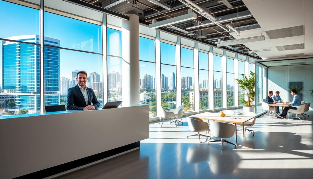A modern commercial office space in Maringá, Brazil, showcasing an inviting and professional atmosphere. In the foreground, a sleek reception desk with a friendly business professional in a smart outfit, welcoming visitors. The middle features an open office layout with contemporary furniture, collaborative workspaces, and large windows allowing natural light to flood the area. On one side, a small meeting room with a glass wall displays professionals in business attire engaged in a productive discussion. The background highlights the vibrant cityscape of Maringá, with iconic buildings and greenery under a clear blue sky. The image captures a bright, optimistic mood, with a focus on opportunity and growth in the commercial rental market. A modern commercial office space in Maringá, Brazil, showcasing an inviting and professional atmosphere. In the foreground, a sleek reception desk with a friendly business professional in a smart outfit, welcoming visitors. The middle features an open office layout with contemporary furniture, collaborative workspaces, and large windows allowing natural light to flood the area. On one side, a small meeting room with a glass wall displays professionals in business attire engaged in a productive discussion. The background highlights the vibrant cityscape of Maringá, with iconic buildings and greenery under a clear blue sky. The image captures a bright, optimistic mood, with a focus on opportunity and growth in the commercial rental market.