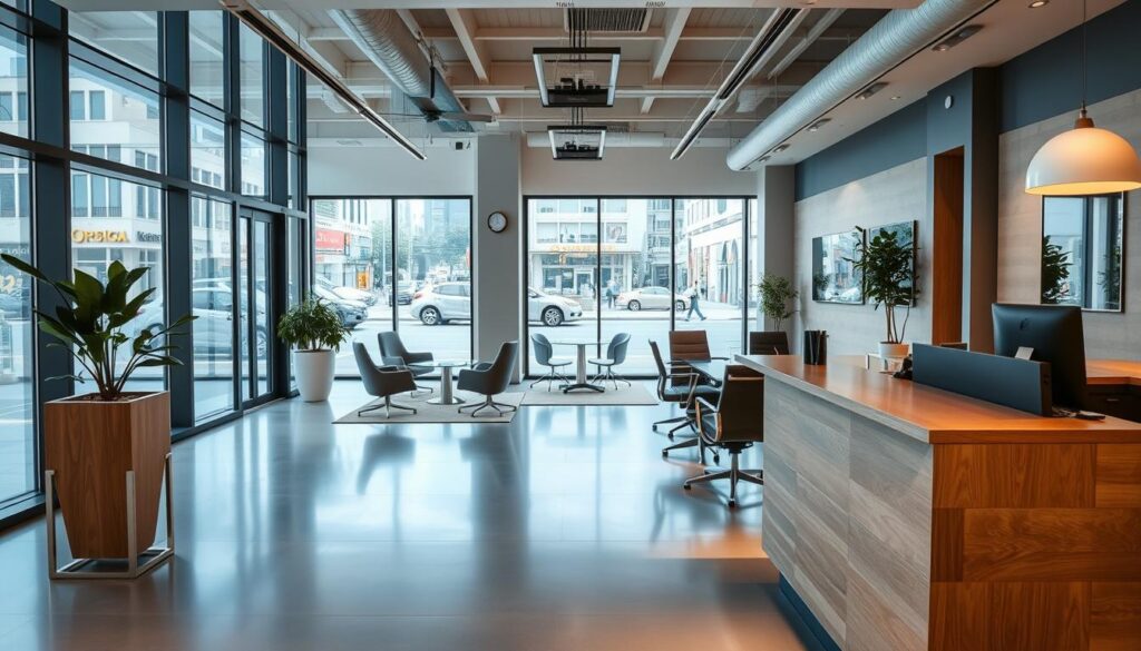 A modern commercial space interior, depicting a well-lit "sala comercial" with a sleek, minimalist design. In the foreground, a stylish reception desk made of natural wood with a small indoor plant, suggesting a welcoming environment. The middle ground features a spacious area with contemporary office furniture, such as ergonomic chairs and glass meeting tables, arranged tastefully. Large windows in the background allow natural light to flood the room, revealing a bustling street view of Maringá outside. The atmosphere is professional yet inviting, ideal for entrepreneurs. Soft, ambient lighting enhances the inviting mood, while a wide-angle perspective captures the entire room, emphasizing both functionality and elegance. A modern commercial space interior, depicting a well-lit "sala comercial" with a sleek, minimalist design. In the foreground, a stylish reception desk made of natural wood with a small indoor plant, suggesting a welcoming environment. The middle ground features a spacious area with contemporary office furniture, such as ergonomic chairs and glass meeting tables, arranged tastefully. Large windows in the background allow natural light to flood the room, revealing a bustling street view of Maringá outside. The atmosphere is professional yet inviting, ideal for entrepreneurs. Soft, ambient lighting enhances the inviting mood, while a wide-angle perspective captures the entire room, emphasizing both functionality and elegance.