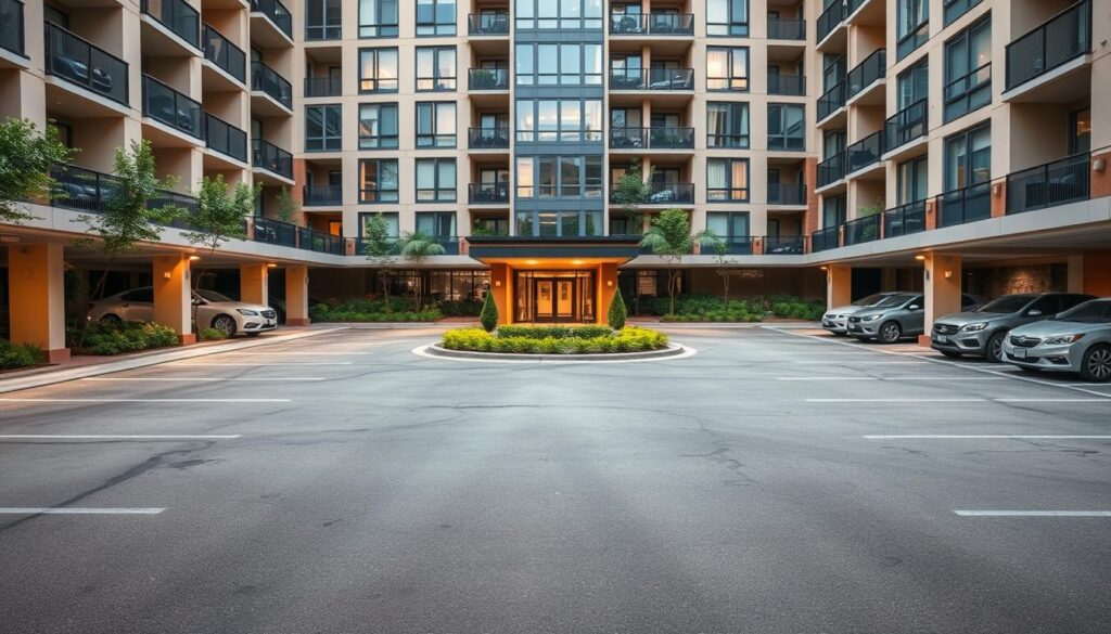 A modern condominium complex featuring a spacious, well-maintained underground parking garage. In the foreground, show organized and clear parking spots, including parallel and stacked (gaveta) parking arrangements. The middle ground should include a well-designed entrance to the garage, with stylish lighting illuminating the area, creating an inviting atmosphere. The background showcases the condominium's facade, with large windows reflecting natural light, surrounded by greenery and well-manicured landscaping. Utilize a warm, natural color palette to evoke a sense of comfort and community. Capture the scene from a slightly elevated angle, emphasizing the contrast between the parking arrangements and the living spaces above, mingling practicality with modern aesthetics. The overall mood should be professional yet welcoming, reflecting the value of real estate considerations. A modern condominium complex featuring a spacious, well-maintained underground parking garage. In the foreground, show organized and clear parking spots, including parallel and stacked (gaveta) parking arrangements. The middle ground should include a well-designed entrance to the garage, with stylish lighting illuminating the area, creating an inviting atmosphere. The background showcases the condominium's facade, with large windows reflecting natural light, surrounded by greenery and well-manicured landscaping. Utilize a warm, natural color palette to evoke a sense of comfort and community. Capture the scene from a slightly elevated angle, emphasizing the contrast between the parking arrangements and the living spaces above, mingling practicality with modern aesthetics. The overall mood should be professional yet welcoming, reflecting the value of real estate considerations.