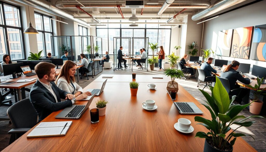 A modern coworking office space featuring a mix of private desks and collaborative areas. In the foreground, a sleek wooden table with laptops, open notebooks, and steaming coffee cups, surrounded by professionals in smart business attire engaging in conversation. In the middle ground, glass partitions separate small meeting rooms filled with people brainstorming, while vibrant potted plants add a touch of nature. The background shows large windows letting in ample natural light, casting soft shadows across the room, with bright, colorful art on the walls. The atmosphere is lively yet focused, highlighting the dynamic energy of a coworking environment. Use a wide-angle lens to capture the space's layout with a clear sense of depth. A modern coworking office space featuring a mix of private desks and collaborative areas. In the foreground, a sleek wooden table with laptops, open notebooks, and steaming coffee cups, surrounded by professionals in smart business attire engaging in conversation. In the middle ground, glass partitions separate small meeting rooms filled with people brainstorming, while vibrant potted plants add a touch of nature. The background shows large windows letting in ample natural light, casting soft shadows across the room, with bright, colorful art on the walls. The atmosphere is lively yet focused, highlighting the dynamic energy of a coworking environment. Use a wide-angle lens to capture the space's layout with a clear sense of depth.