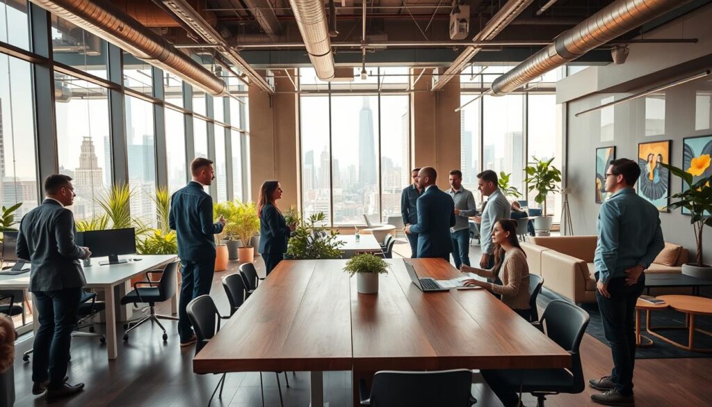 A modern coworking space in a bustling urban environment, showcasing a spacious interior with clean lines and bright, natural light filtering through large windows. In the foreground, a group of diverse professionals, dressed in business casual attire, are engaged in discussions around a stylish wooden conference table. In the middle ground, sleek workstations surrounded by greenery create a collaborative atmosphere, while nearby, a cozy lounge area features comfortable seating and artwork on the walls. In the background, a view of the vibrant city skyline is visible through the glass facade. The image should be captured from a slightly elevated angle, emphasizing the openness and connectivity of the space, with warm lighting to enhance the welcoming mood and encourage productivity. A modern coworking space in a bustling urban environment, showcasing a spacious interior with clean lines and bright, natural light filtering through large windows. In the foreground, a group of diverse professionals, dressed in business casual attire, are engaged in discussions around a stylish wooden conference table. In the middle ground, sleek workstations surrounded by greenery create a collaborative atmosphere, while nearby, a cozy lounge area features comfortable seating and artwork on the walls. In the background, a view of the vibrant city skyline is visible through the glass facade. The image should be captured from a slightly elevated angle, emphasizing the openness and connectivity of the space, with warm lighting to enhance the welcoming mood and encourage productivity.