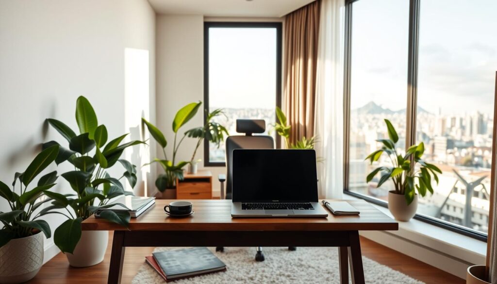 A modern home office setup in a stylish apartment, located in Maringá. In the foreground, a sleek wooden desk with a laptop, notebooks, and a coffee mug, surrounded by lush indoor plants for a refreshing touch. In the middle ground, a comfortable ergonomic chair and a soft, inviting rug, emphasizing a cozy yet professional atmosphere. The background features a large window with natural light streaming in, illuminating the space and casting gentle shadows, showcasing a panoramic city view of Maringá’s skyline. Soft and warm color tones evoke a sense of productivity and focus, while the overall composition suggests a harmonious blend of work and comfort, ideal for remote productivity. The image captures a serene yet inspiring mood. A modern home office setup in a stylish apartment, located in Maringá. In the foreground, a sleek wooden desk with a laptop, notebooks, and a coffee mug, surrounded by lush indoor plants for a refreshing touch. In the middle ground, a comfortable ergonomic chair and a soft, inviting rug, emphasizing a cozy yet professional atmosphere. The background features a large window with natural light streaming in, illuminating the space and casting gentle shadows, showcasing a panoramic city view of Maringá’s skyline. Soft and warm color tones evoke a sense of productivity and focus, while the overall composition suggests a harmonious blend of work and comfort, ideal for remote productivity. The image captures a serene yet inspiring mood.