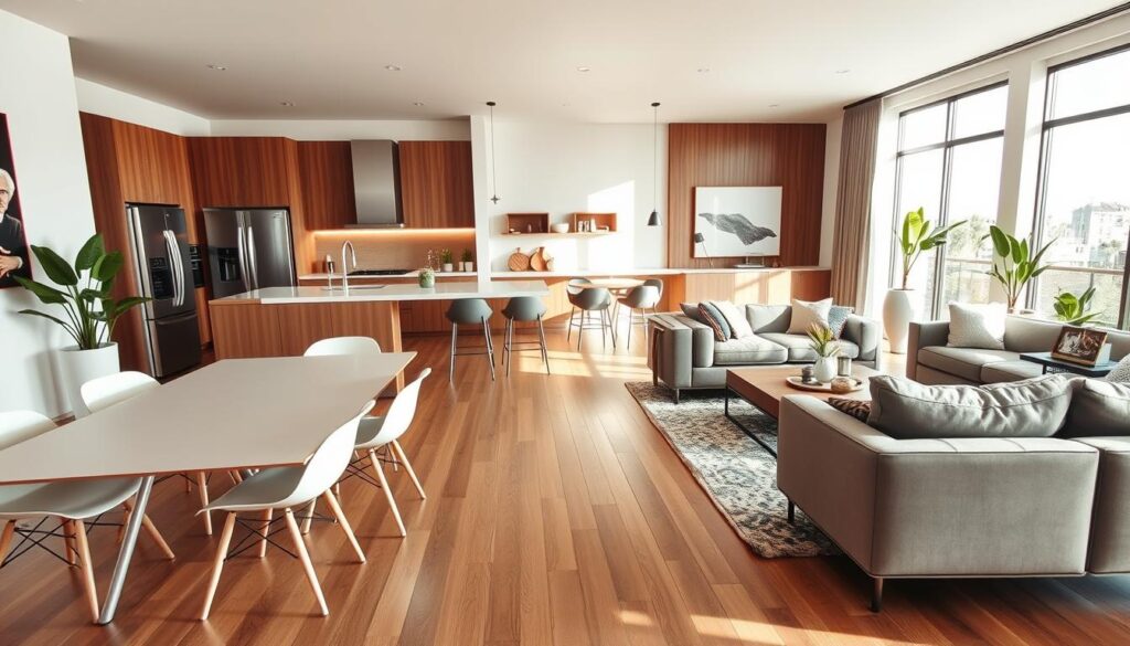 A modern integrated kitchen and living room space, showcasing sleek, contemporary design elements. In the foreground, a minimalist dining table with stylish chairs. The middle features a spacious kitchen area, equipped with stainless steel appliances and a large island with bar stools. The living room has a cozy sofa with soft cushions and a stylish coffee table, adorned with decorative items. Natural light floods the space through large windows, creating an inviting atmosphere. The background includes potted plants and warm wooden accents. The scene is shot with a wide-angle lens to capture the openness of the layout, emphasizing a harmonious blend of functionality and aesthetics, evoking a sense of modern comfort and togetherness. A modern integrated kitchen and living room space, showcasing sleek, contemporary design elements. In the foreground, a minimalist dining table with stylish chairs. The middle features a spacious kitchen area, equipped with stainless steel appliances and a large island with bar stools. The living room has a cozy sofa with soft cushions and a stylish coffee table, adorned with decorative items. Natural light floods the space through large windows, creating an inviting atmosphere. The background includes potted plants and warm wooden accents. The scene is shot with a wide-angle lens to capture the openness of the layout, emphasizing a harmonious blend of functionality and aesthetics, evoking a sense of modern comfort and togetherness.