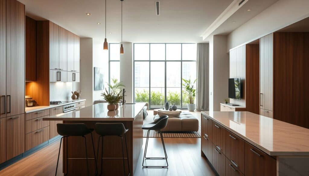 A modern integrated kitchen in an urban apartment setting, featuring sleek cabinetry in a warm wood finish and elegant quartz countertops. The foreground showcases a spacious island with stylish bar stools, adorned with a small vase of fresh herbs. In the middle ground, a large window allows natural light to flood the space, illuminating the open floor plan that seamlessly connects the kitchen to the living area, which is tastefully decorated with contemporary furniture. In the background, soft greenery from a balcony garden is visible. The atmosphere is inviting and functional, designed for social gatherings. The image is shot with a wide-angle lens, emphasizing the spaciousness and warmth of the environment, bathed in soft, natural light. A modern integrated kitchen in an urban apartment setting, featuring sleek cabinetry in a warm wood finish and elegant quartz countertops. The foreground showcases a spacious island with stylish bar stools, adorned with a small vase of fresh herbs. In the middle ground, a large window allows natural light to flood the space, illuminating the open floor plan that seamlessly connects the kitchen to the living area, which is tastefully decorated with contemporary furniture. In the background, soft greenery from a balcony garden is visible. The atmosphere is inviting and functional, designed for social gatherings. The image is shot with a wide-angle lens, emphasizing the spaciousness and warmth of the environment, bathed in soft, natural light.