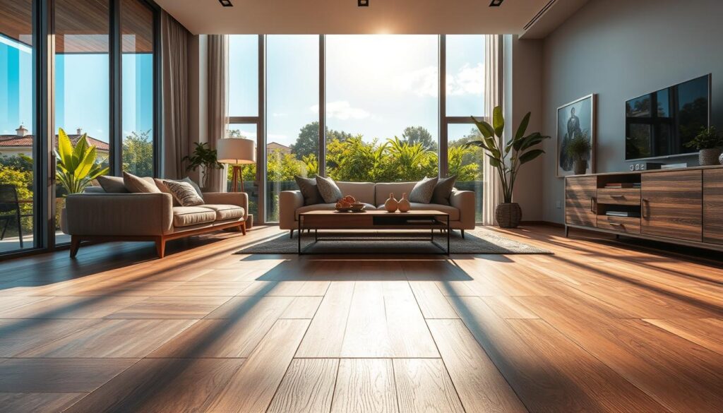 A modern living room in a stylish apartment located in Maringá, showcasing different flooring options: porcelain tiles, laminate, and vinyl. In the foreground, a cozy seating area features elegant furniture, subtly highlighting textures of the flooring materials. The middle ground displays a seamless transition between the three types of flooring, allowing a clear comparison of their surfaces. In the background, large windows reveal a sunny, vibrant outdoor scene depicting Maringá's climate with lush greenery and clear blue skies, enhancing the cozy atmosphere of the room. Soft, natural lighting pours in, creating warm shadows that emphasize the richness and details of each flooring type. The overall mood is inviting and sophisticated, reflecting comfort and style in harmony with the local climate. A modern living room in a stylish apartment located in Maringá, showcasing different flooring options: porcelain tiles, laminate, and vinyl. In the foreground, a cozy seating area features elegant furniture, subtly highlighting textures of the flooring materials. The middle ground displays a seamless transition between the three types of flooring, allowing a clear comparison of their surfaces. In the background, large windows reveal a sunny, vibrant outdoor scene depicting Maringá's climate with lush greenery and clear blue skies, enhancing the cozy atmosphere of the room. Soft, natural lighting pours in, creating warm shadows that emphasize the richness and details of each flooring type. The overall mood is inviting and sophisticated, reflecting comfort and style in harmony with the local climate.