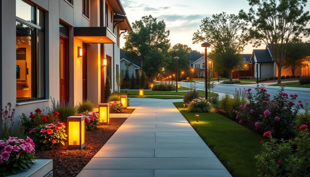 A modern real estate entrance featuring an inviting, well-designed facade of a newly constructed property, highlighting architectural elements such as large windows and a welcoming front door made of wood. In the foreground, neatly arranged flower beds with vibrant blooms complement the entrance, creating a fresh and appealing look. The middle ground showcases a paved pathway lined with stylish outdoor lighting that casts a warm glow during sunset. In the background, a serene residential area with tree-lined streets can be seen, adding to the charm. The lighting is soft and golden, evoking a sense of warmth and positivity. The image captures the essence of new beginnings in homeownership while conveying financial responsibility, with a peaceful atmosphere that invites viewers to consider the weight of a property’s entry cost. A modern real estate entrance featuring an inviting, well-designed facade of a newly constructed property, highlighting architectural elements such as large windows and a welcoming front door made of wood. In the foreground, neatly arranged flower beds with vibrant blooms complement the entrance, creating a fresh and appealing look. The middle ground showcases a paved pathway lined with stylish outdoor lighting that casts a warm glow during sunset. In the background, a serene residential area with tree-lined streets can be seen, adding to the charm. The lighting is soft and golden, evoking a sense of warmth and positivity. The image captures the essence of new beginnings in homeownership while conveying financial responsibility, with a peaceful atmosphere that invites viewers to consider the weight of a property’s entry cost.